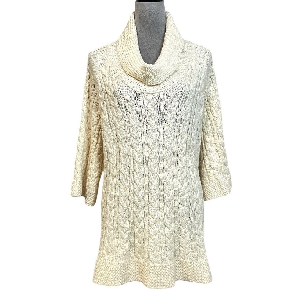 Coldwater Creek Wool Blend Sweater Dress Women’s Ivory Cable Knit Cowl Neck